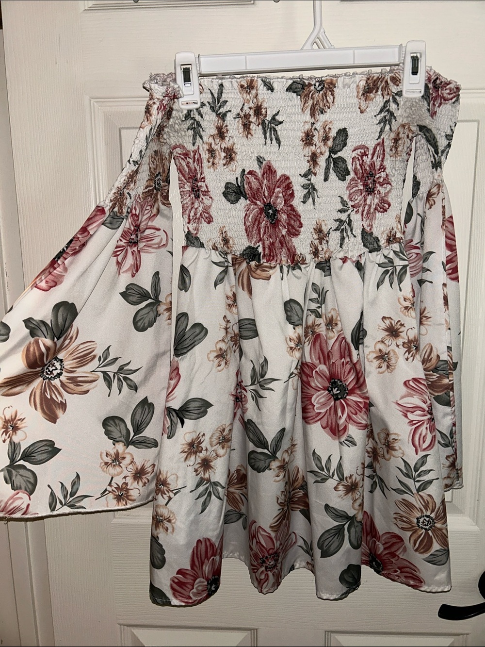 Floral Smocked White Off the Shoulder Mini Dress with Pink & Brown Blooms